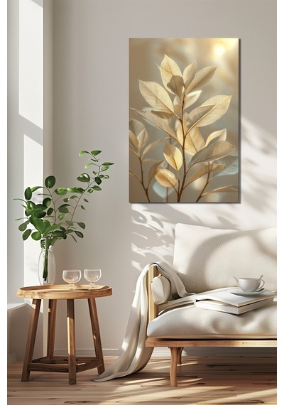 Altın Yaprak Dalı Baskılı Cam Tablo Minimalist Lüks Doğal Duvar Dekoru