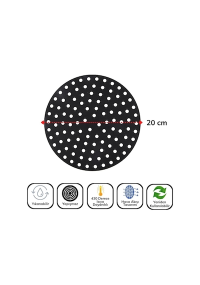 Ollevra Siyah Isıya Dayanıklı Yıkanılabilir Silikon Fırın Ve Airfryer Yuvarlak Model Pişirme Matı 20 Cm