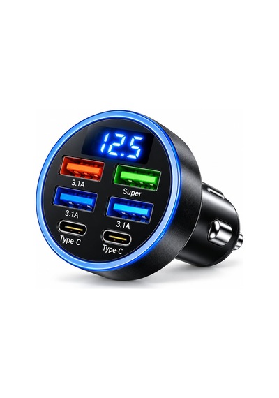 6 Portlu Araç Şarj Cihazı 4 Usb + 2 Type-c, Led Akü Voltaj Göstergeli, 3.1a Çoklu Şarj Soketi, Oto Çakmaklık Usb Adaptörü