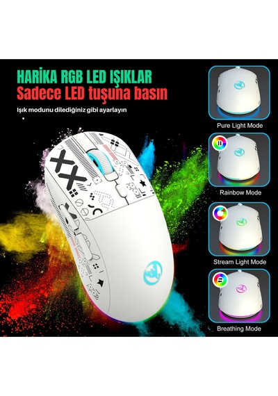 T90 Kablosuz 3 Modlu Mouse -650 Mah Batarya - 4800 Fps Özel Baskılı Tasarım - Rgb Diğer