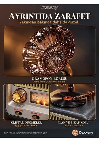 Dexxony Dx-2528 Antrasit Nostaljik Radyo Retro Gramofon Büyük Boy Şarjlı Bluetooth Hoparlör Fm Usb