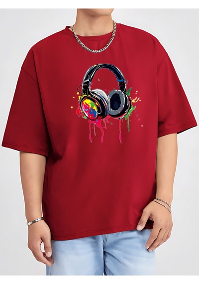 Kulaklık T-shirt - Baskılı Oversize Bisiklet Yaka Kısa Kol Tişört Kırmızı