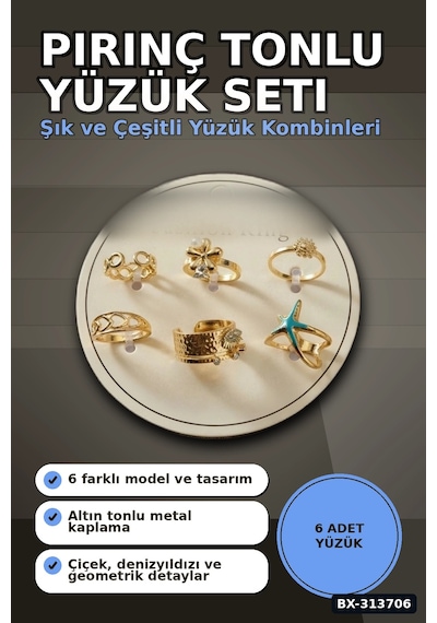 Pirinç 7-8 Numara 6 Adet Tonlu Yüzük Seti - Bijuteri Takı Aksesuar Hediyelik Bx-313706 Çok Renkli
