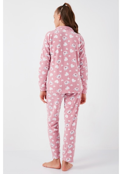 Lela Standart Fit Düğmeli Polarlı Bayan Pijama Takımı 6095617 Pudra