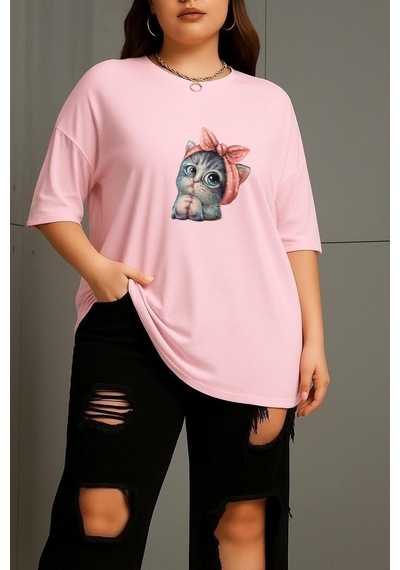 Büyük Beden Minnoş Kedi Baskılı Unisex Tişört Pembe