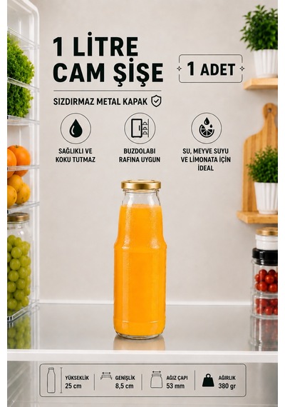 Rotanev 1 Litre Şeffaf Sürahi Süt, Ayran, Su, Limonata, Meşrubat Şişesi Metal Gold Kapaklı Cam Şişe 1000 ml