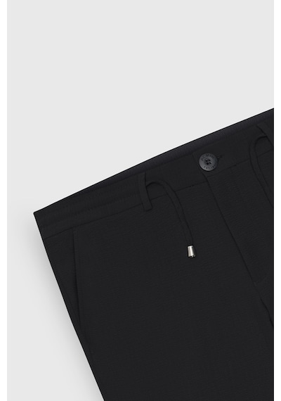 AC&Co / Altınyıldız Classics Erkek Sıyah Slim Fit Dar Kesim Beli Bağlamalı Yan Cep Gofre Desenli Pantolon Siyah