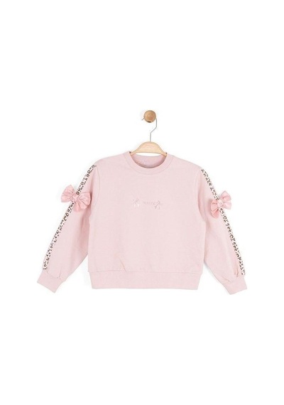 Kız Çocuk Kolları Leopar Şeritli Fiyonklu Sweatshirt-16133 Pudra