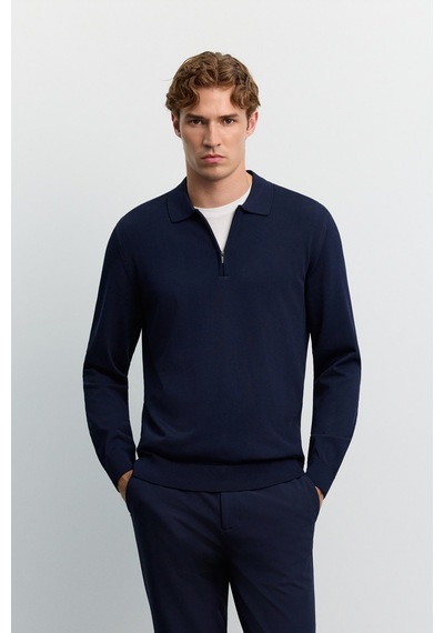 Avva Erkek Lacivert Polo Yaka Fermuarlı Rayon Tüylenmeyen Basic Triko Regular Fit Kazak B005150