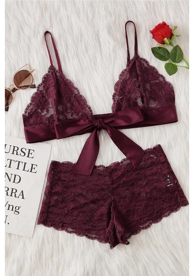 Ang Butik Kadın Bordo Dantelli & Kurdelalı Sütyen Külot Takımı
