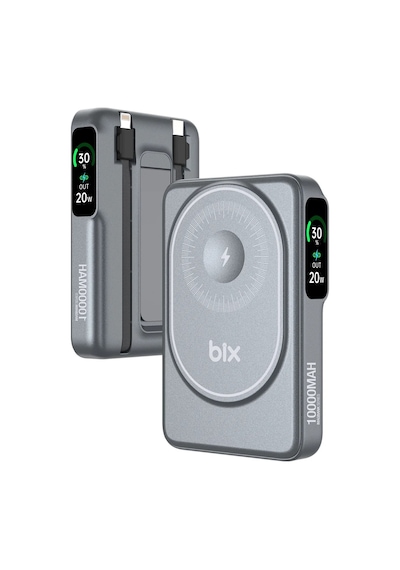 Bix Tpb16 10000 Mah Oled Ekranlı Manyetik Kablosuz Powerbank 20w Pd Hızlı Şarj Ve 15w Magsafe Gri Gri