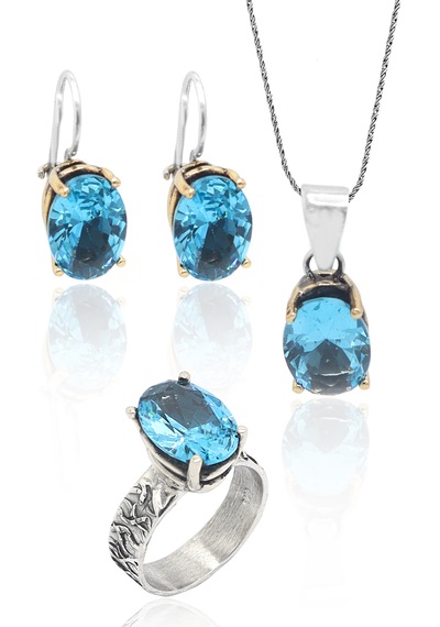Midyat Nurtaş Gümüş Akuamarin Taşlı El İşçiliği Otantik Gümüş Üçlü Set 201023379