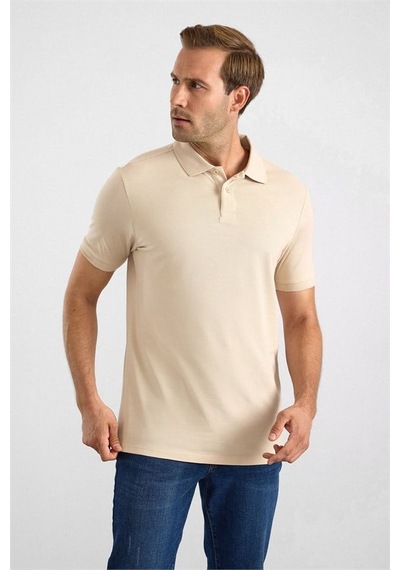 Süvari Bej Slim Düz Nakışlı Pike Düğmeli Polo Yaka Tişört Ts1014000474-bj3