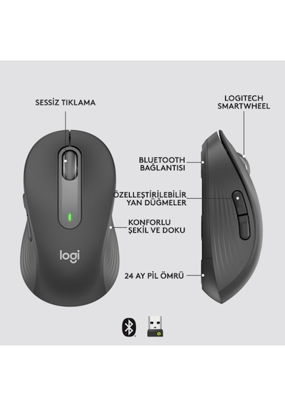 Logitech Signature M650 Küçük Ve Orta Boy Sağ El Için Sessiz Kablosuz Mouse, Siyah 910-006253