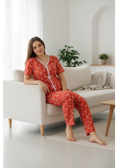 Angbutik Kadın Turuncu Desenli Fiyonklu Kısa Kollu Uzun Pijama Takımı