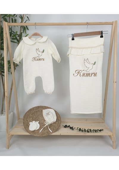 Gros Shop Müslin Yeni Doğan 4katlı Organik %100pamuk Kişiye Özgü Nakışlı Hastane Çıkış Seti Kuş Model-2 Ekru