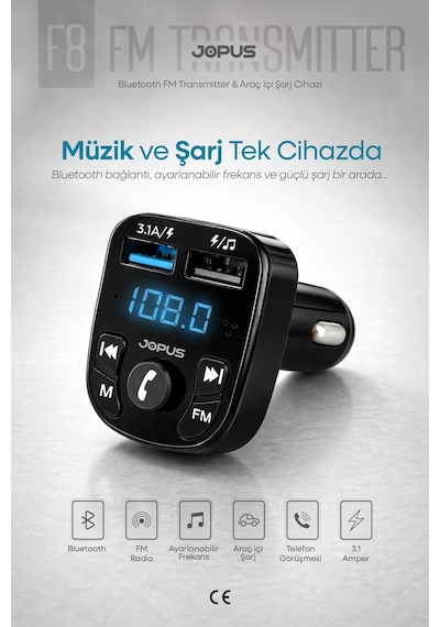 Jopus Bluetooth FM Transmitter Kablosuz Araç İçi Kiti Çakmaklık Şarj Aleti Oto MP3 Çalar USB Araç Müzik Ad