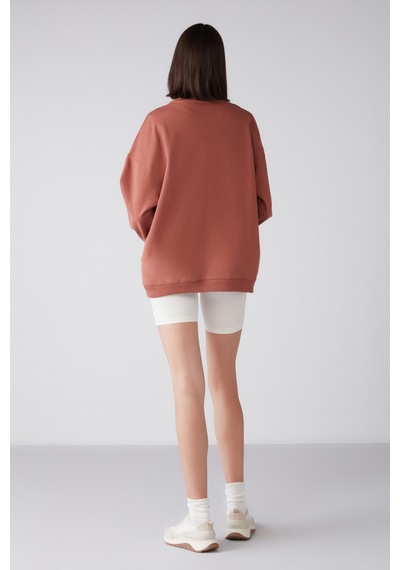 ETHIQUET RA ONA Kadın Oversize Yumuşacık İçi Polarlı Organik Pamuklu Baskılı Yuvarlak Yakalı Kiremit Rengi Sweatshirt