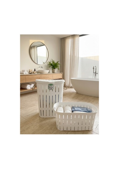 Bambu Halatlı 2'li Kirli Çamaşır Sepeti Seti 65 Lt Kapaklı Kirli Sepeti Ve 40 Lt Çamaşır Selesi Beyaz - 771618636 Beyaz