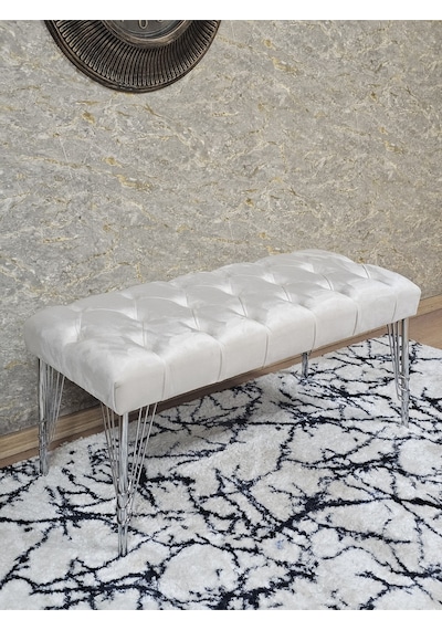 Zafir Krom Tel Ayaklı 90 Cm Puf Bench - Puf - Bench - Kasalı Oturak - Oturak - Yatak Ucu Puf Bej