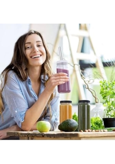 Ayrex 1 Adet 480ml Pipet Ve 2 Kapaklı Cam Bardak, Hava Geçirmez Kapak, Meyve Suyu, Boba, Smoothie,şeffaf Diğer