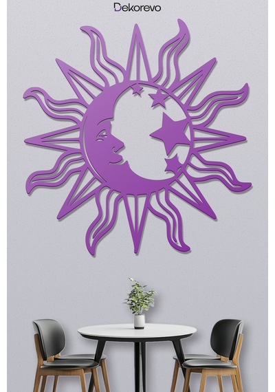 Mistik Kozmos Güneş Ve Ay Metal Duvar Dekoru - Metal Duvar Sanatı - Mor - 48 X 50 Cm