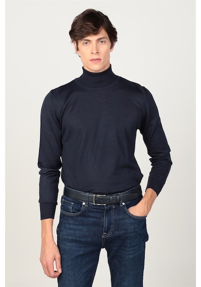Tudors Slim Fit Dar Kesim Tam Boğazlı Yaka Düz Yün Erkek Kazak-23917 Lacivert