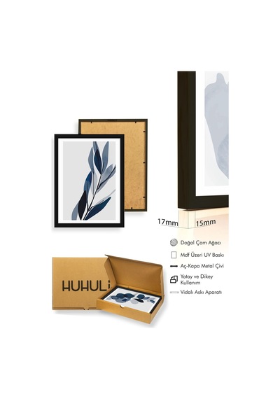 Huhuli Siyah Ahşap Çerçeveli Minimalist 3 Parça Tablo Huhu207