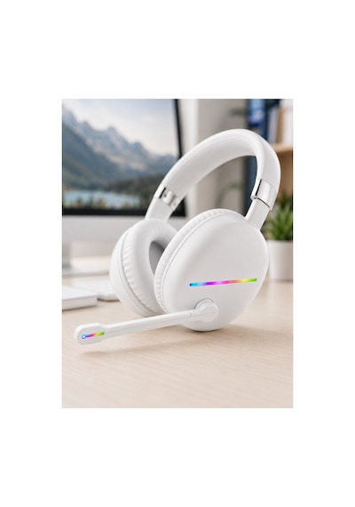Kullanışlı Kablosuz Bluetooth Mikrofonlu Beyaz Kulaklık Rgb Işıklı