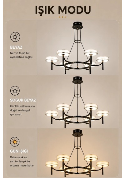 6'lı Modern Premium 3 Renkli Ledli Sarkıt Avizesi Salon Mutfak Oturma Odası Şık Modelleri 70cm 20w Beyaz