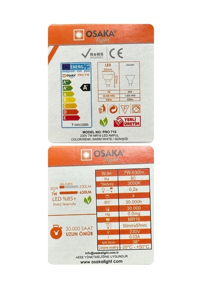 7w 50w Sarı Işık 3000k Mr16 Led Çanak Ampul, 6 Adet Diğer