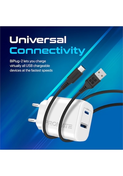 Promate BiPlug-2 17W Yüksek Hızlı Şarj Cihazı, Type-C, USB Beyaz