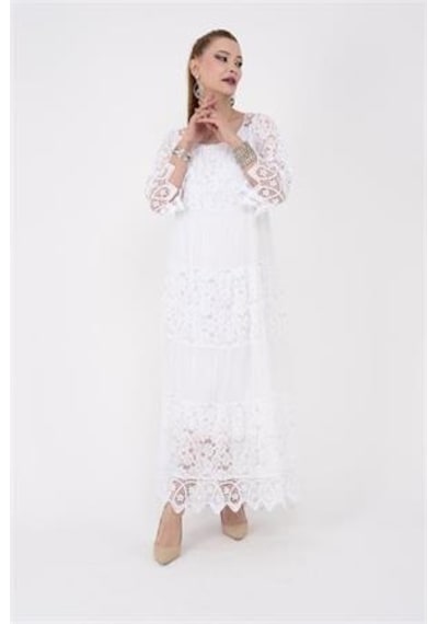Eren Style İtalyan Sunshine İpek Detaylı Dantelli Elbise Beyaz