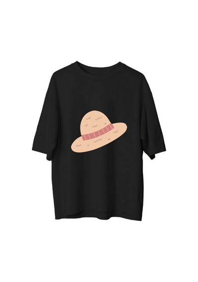 Paybuy Kırmızı Şeritli Hasır Şapka Baskılı Kadın Oversize Tişört Siyah