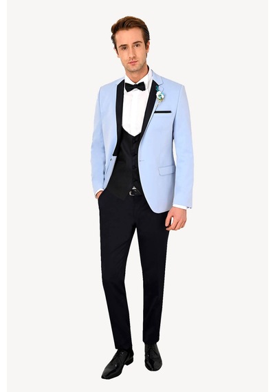 Ysf Erkek Açık Mavi Slim Fit Mono Yaka Yelekli Damatlık