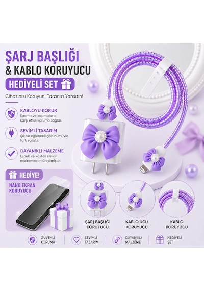 İphone 15 Plus Uyumlu Nano Ekran Koruyucu Hediyeli Şarj Başlığı & Kablo Koruyucu Koruma Seti Gümüş