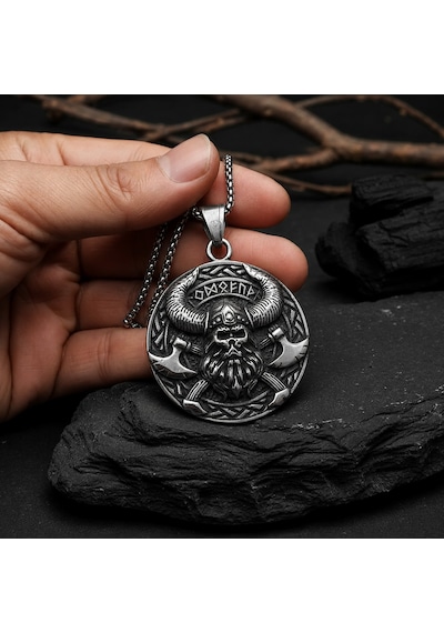 Paslanmaz Çelik Rün Sembollü Çift Taraflı Savaşçı Viking Kolye Antik Gümüş