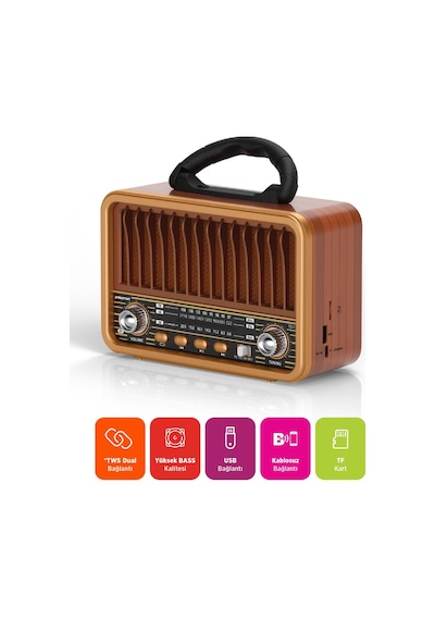 Polosmart Fs111 Kablosuz Nostaljik Radyo Bt 5.3 Type-c Destekli Fm Am Sw Hafızalı Şarjlı Kahverengi