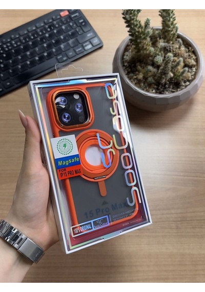Apple Uyumlu iPhone 15 Pro Max Standlı Ve Yüzüklü Magsafe Kılıf Soocase721 Turuncu