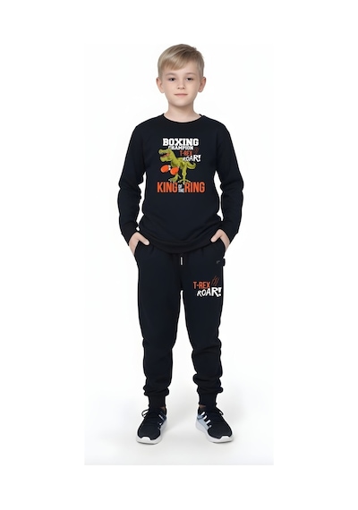 Fyk Kids Erkek Çocuk T-rex Roar Yuvarlak Yaka Alt-üst Pijama Takımı Siyah