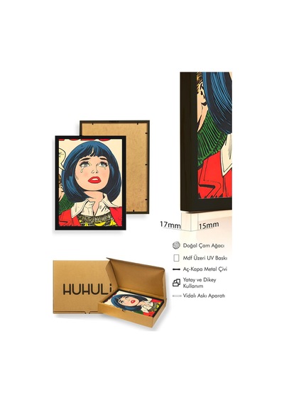 Doğal Ahşap Çerçeveli Pop Art Portre Desenli Tablo - Retro Tarz Huhu1783