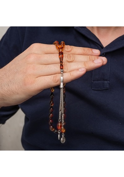 Metal Püsküllü Bordo Amber Sıkma Kehribar Tesbih