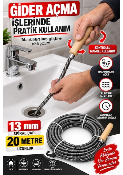 13 Mm 20 Metre Spiral Kanal Açıcı Ahşap Saplı Manuel Gider Açma Teli, Esnek Tesisat Temizleme Su