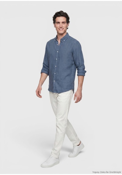 Ramsey Petrol Düz Casual Fit Uzun Dokuma Casual %100 Keten Gömlek