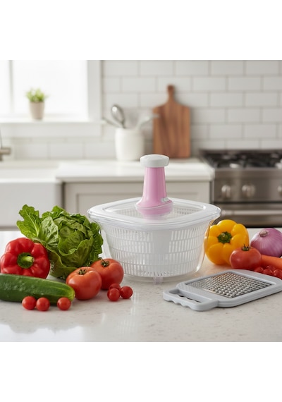 Ludıa Pratik Stop Tuşlu Sebze Salata Kurutucu 5 Lt Ve Kaymaz Tabanlı Çift Taraflı Rende Seti Beyaz
