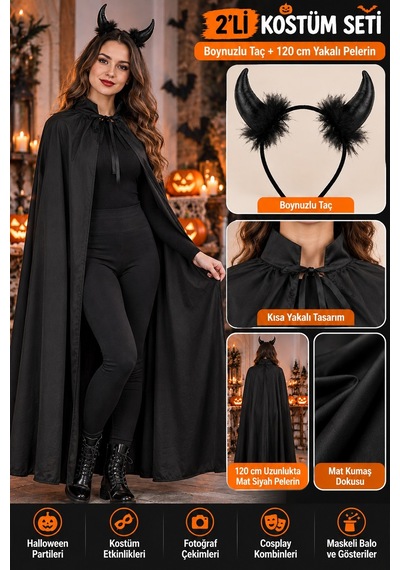 Cadılar Bayramı Şeytan Kostüm Seti Siyah Boynuzlu Taç Ve 120 Cm Yakalı Mat Pelerin Halloween Cosplay Çok Renkli