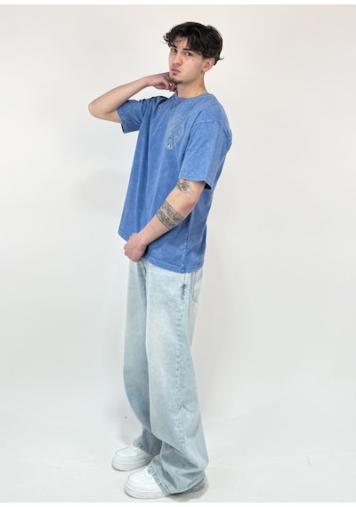 Zaee Vintage Washed Taşlı Oversize T-shirt Mavi