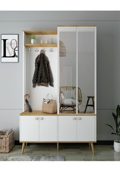 Floradesign Venus Vestiyer / Aynalı Vestiyer / Antre Portmanto Meşe Beyaz
