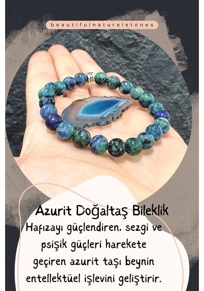 Azurit Doğaltaş Bileklik Akik Taş Hediyeli 8 Mm Hafıza Güçlendirici / Sezgi Ve Psişik Güç Çok Renkli