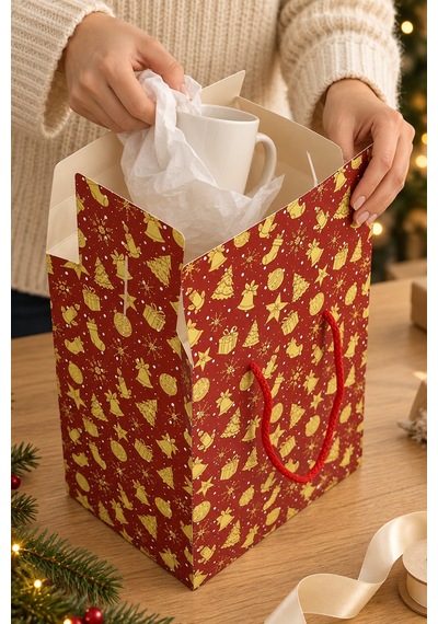 Yılbaşı Masal Temalı Hediye Çantası - 6'lı Set, 20x14x25 Cm, Yeniyıl Tasarımlı Karton Hediye Poşeti
